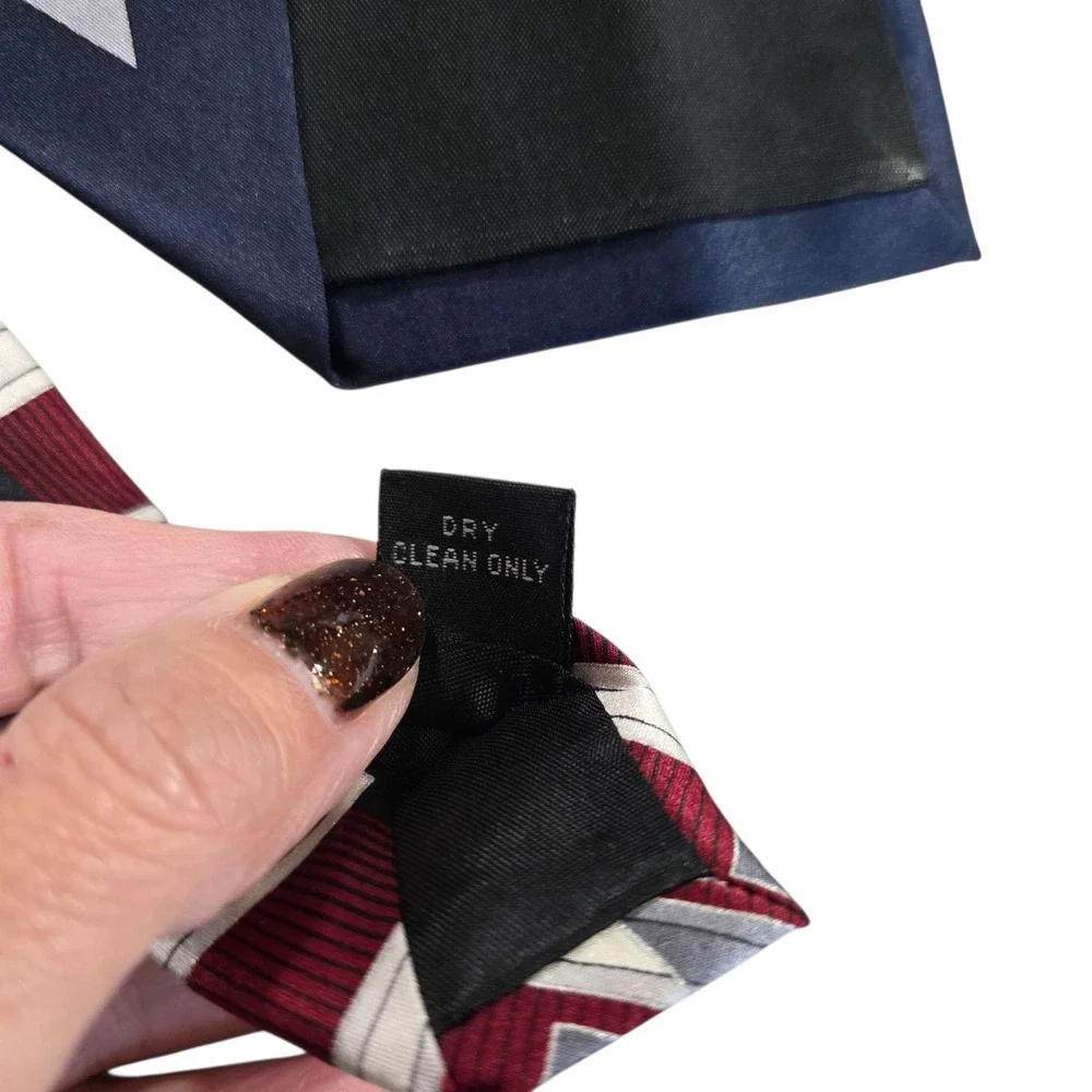 New Henri Picard‎ Mens Silk Striped Necktie Pocket Sq Burgundy Silver Geometric